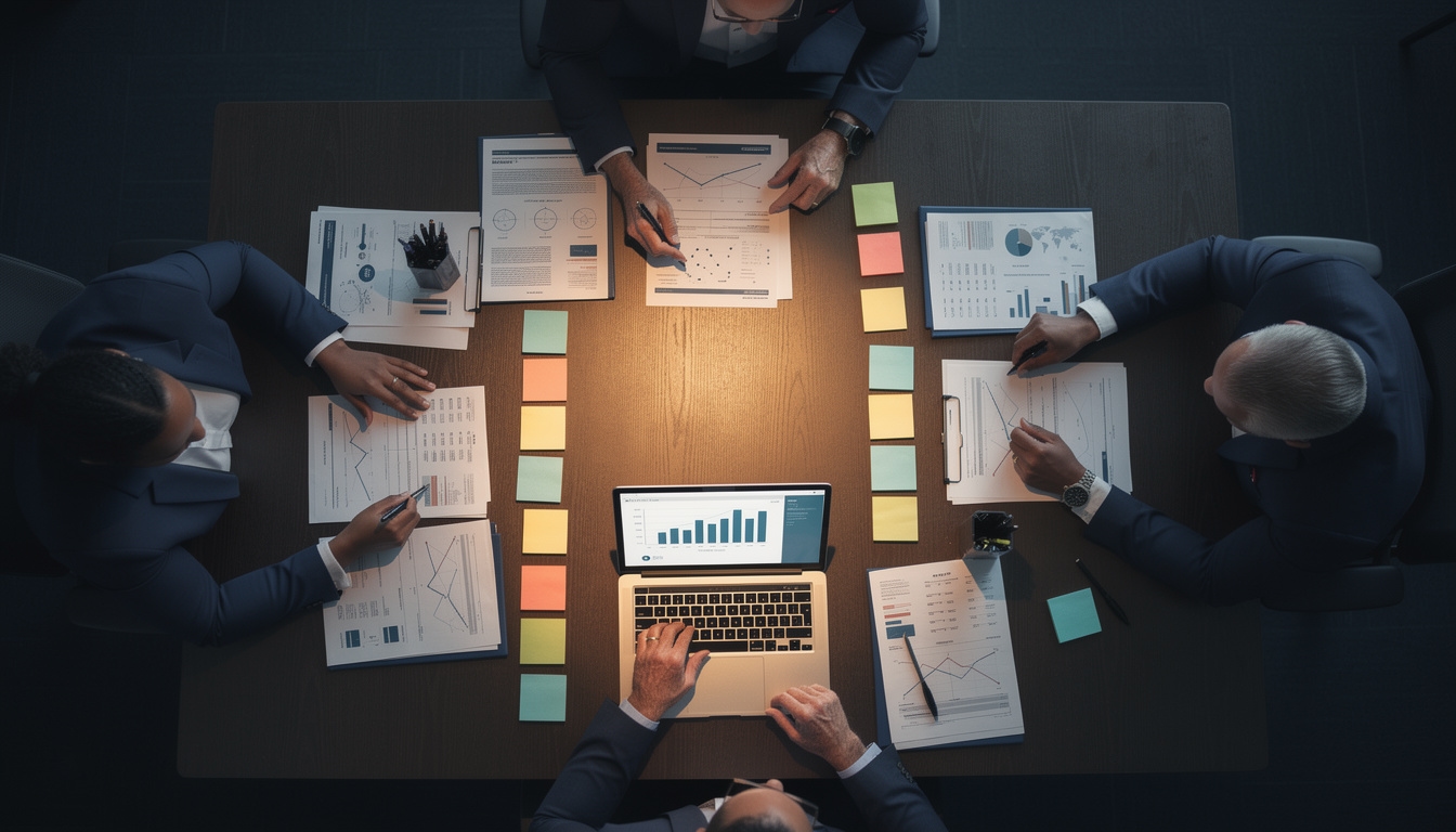 Vista cenital de un equipo analizando gráficos de procesos internos impresos sobre una mesa