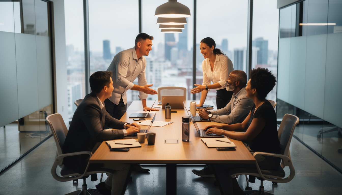 Espacio de trabajo colaborativo con varias personas conversando alrededor de una mesa con portátiles y notas