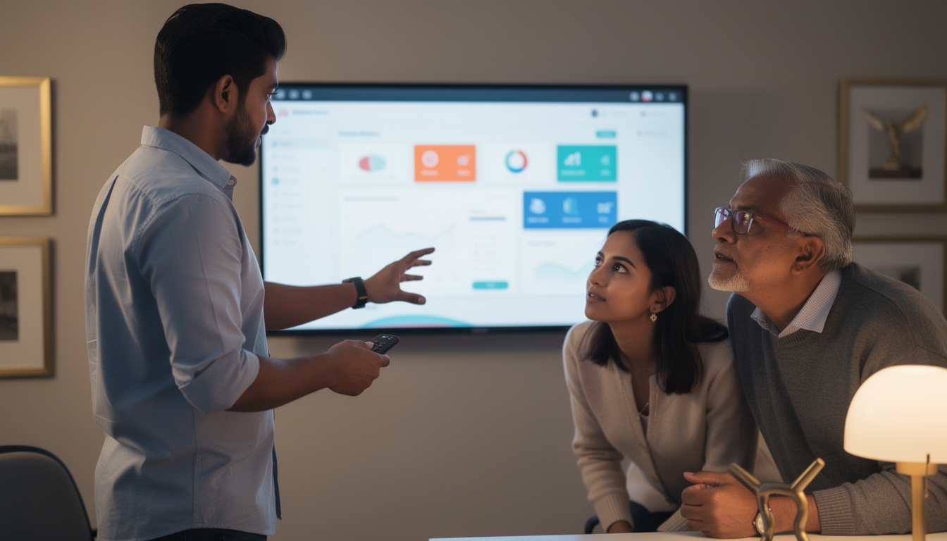 Consultora explicando el funcionamiento de un programa de gestión a dos personas frente a una pantalla