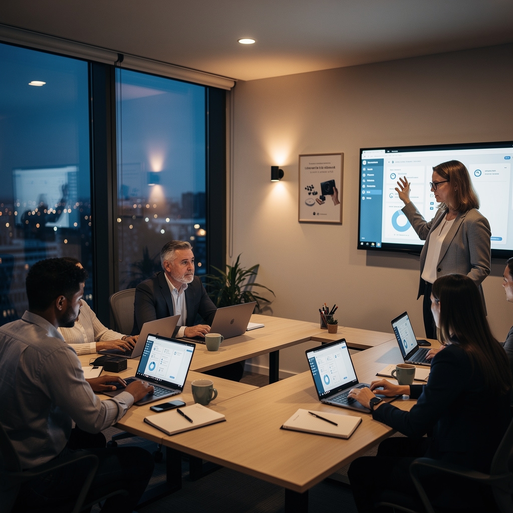 Taller de formación en el que un equipo de una pequeña empresa prueba una nueva herramienta digital en varios ordenadores